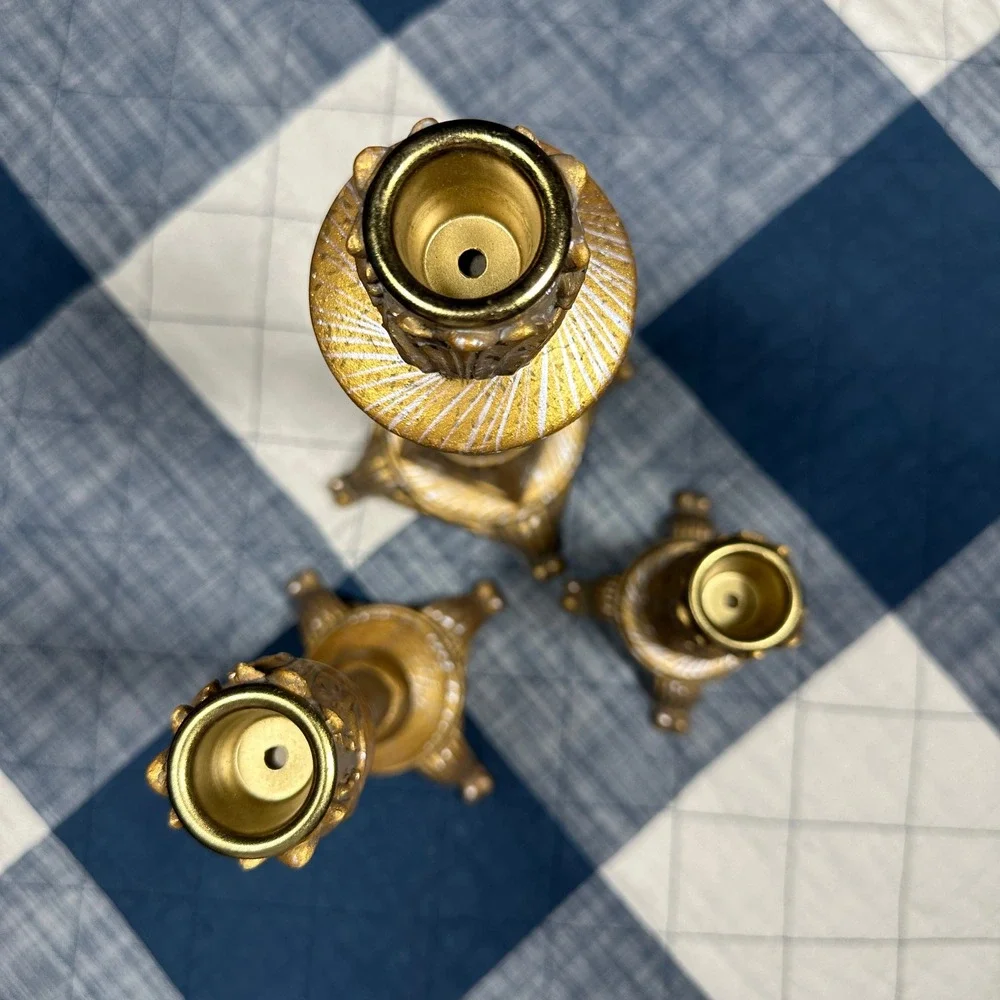 Vtg Regency Baroque Style Bronze Gold Ceramic Candle Stick Holders Set Of 3